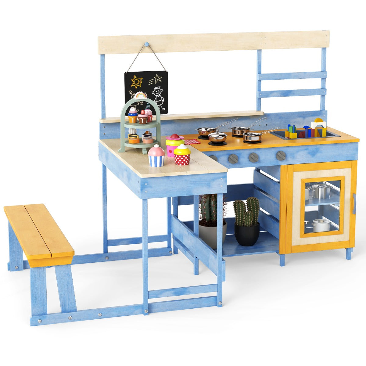Livsk costway modderkeuken met picknicktafel voor kinderen buitenspeelset voor in de achtertuin blauw
