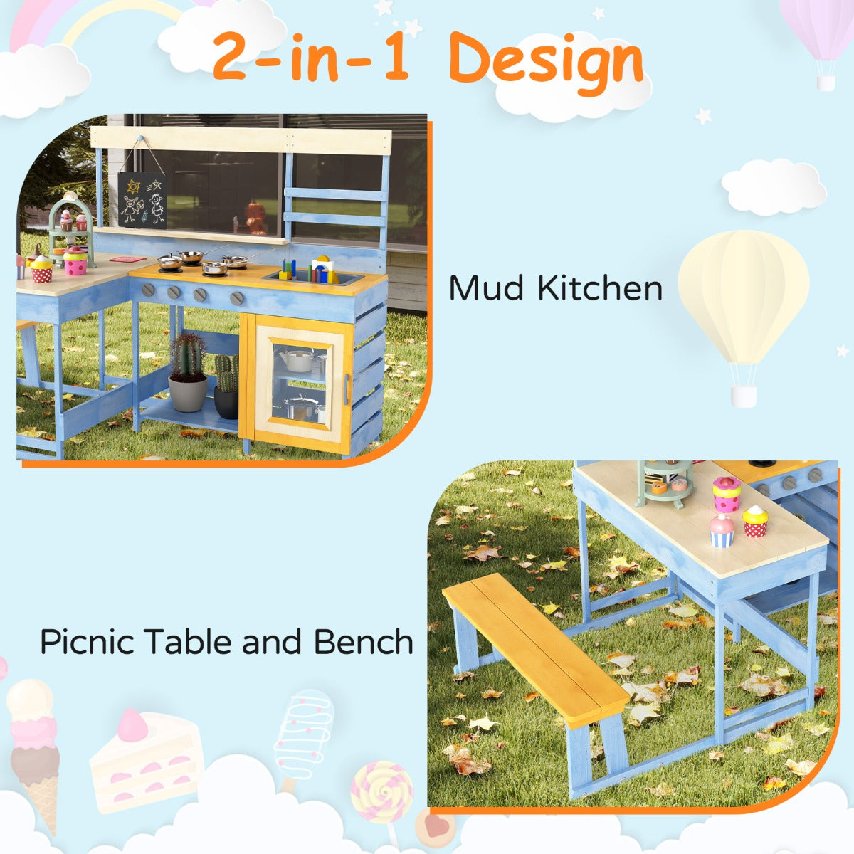 Livsk costway modderkeuken met picknicktafel voor kinderen buitenspeelset voor in de achtertuin blauw 2