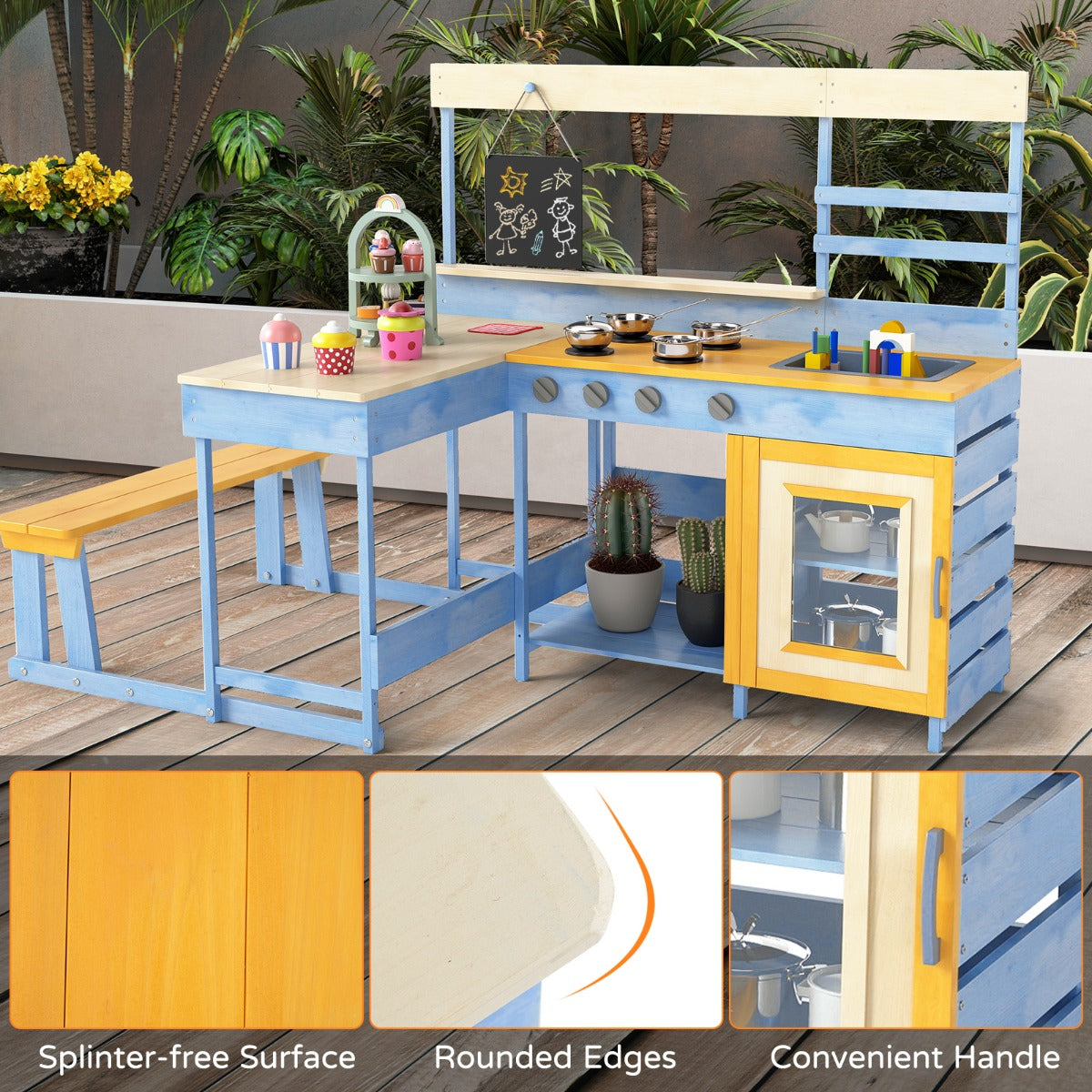 Livsk costway modderkeuken met picknicktafel voor kinderen buitenspeelset voor in de achtertuin blauw 6