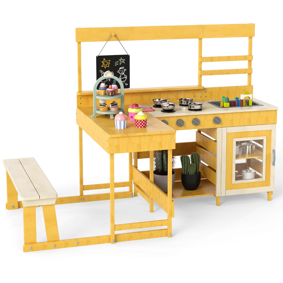 Livsk costway modderkeuken met picknicktafel voor kinderen buitenspeelset voor in de achtertuin naturel