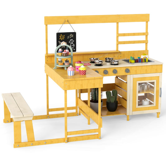 Livsk costway modderkeuken met picknicktafel voor kinderen buitenspeelset voor in de achtertuin naturel