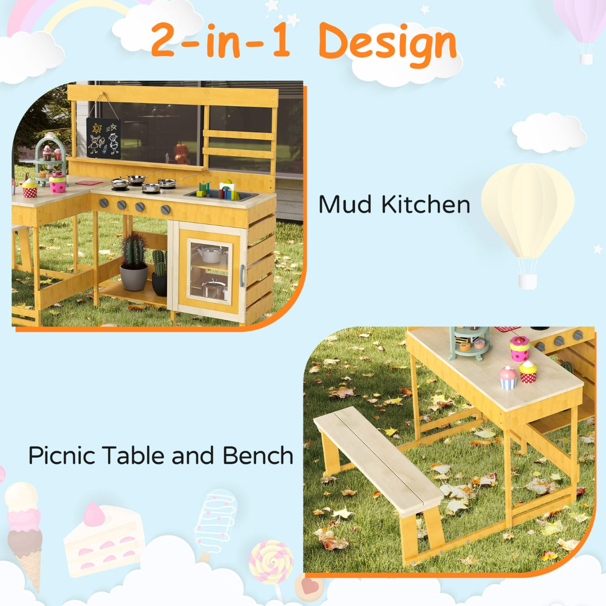 Livsk costway modderkeuken met picknicktafel voor kinderen buitenspeelset voor in de achtertuin naturel 2