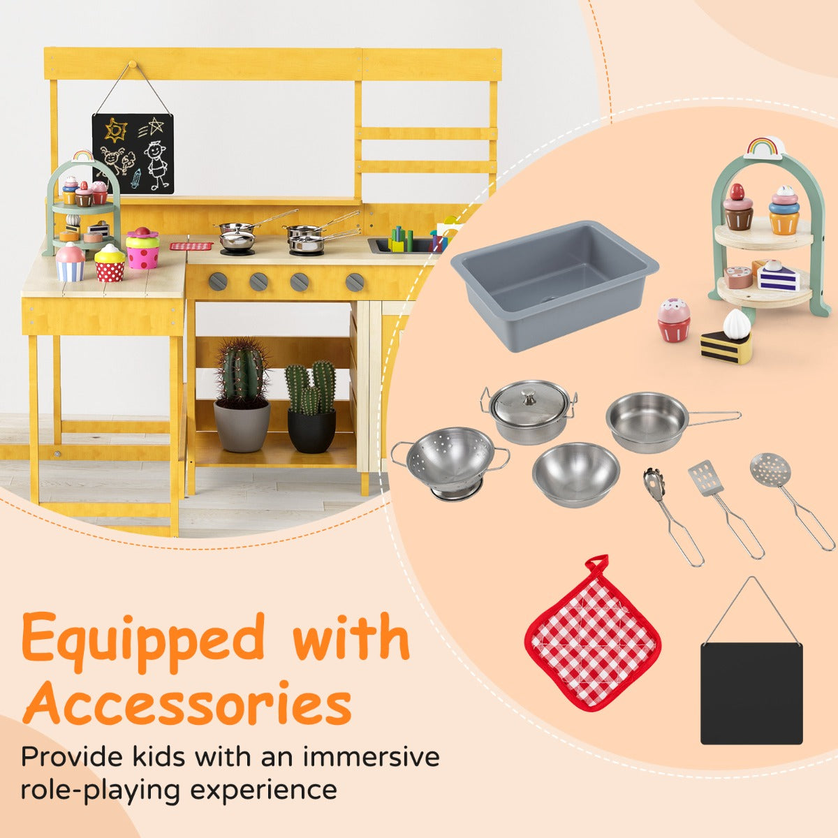 Livsk costway modderkeuken met picknicktafel voor kinderen buitenspeelset voor in de achtertuin naturel 4