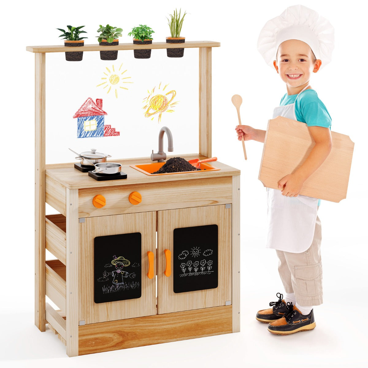 LIVSK Outdoor-Speelkeuken voor Kinderen - Gemaakt van Sparrenhout - Inclusief 4 Plantenpotten en Gootsteen - Natuur