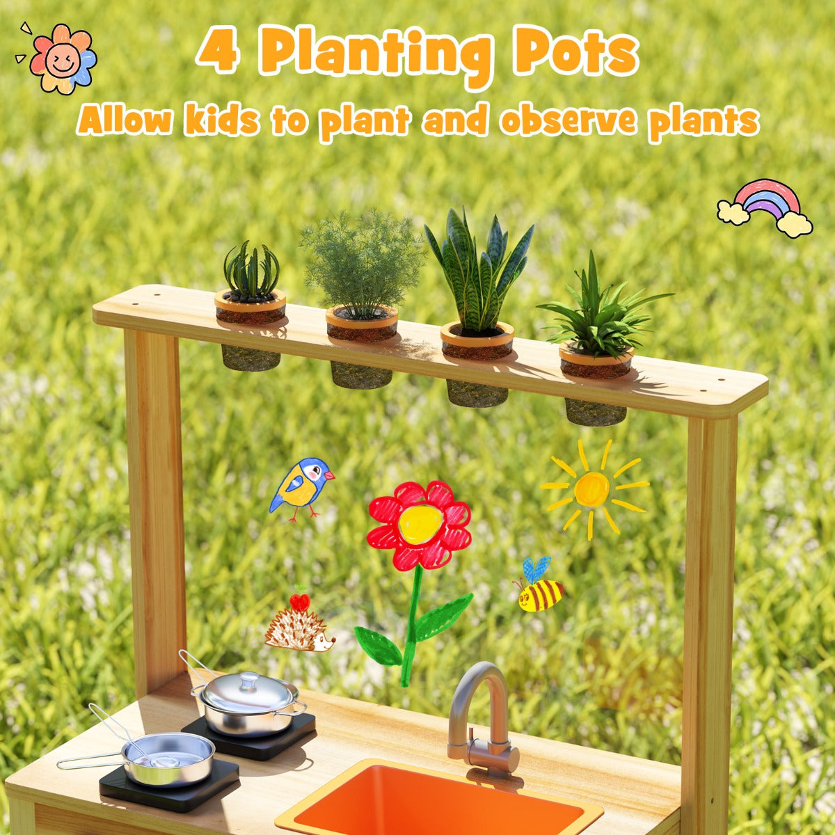 LIVSK Outdoor-Speelkeuken voor Kinderen - Gemaakt van Sparrenhout - Inclusief 4 Plantenpotten en Gootsteen - Natuur