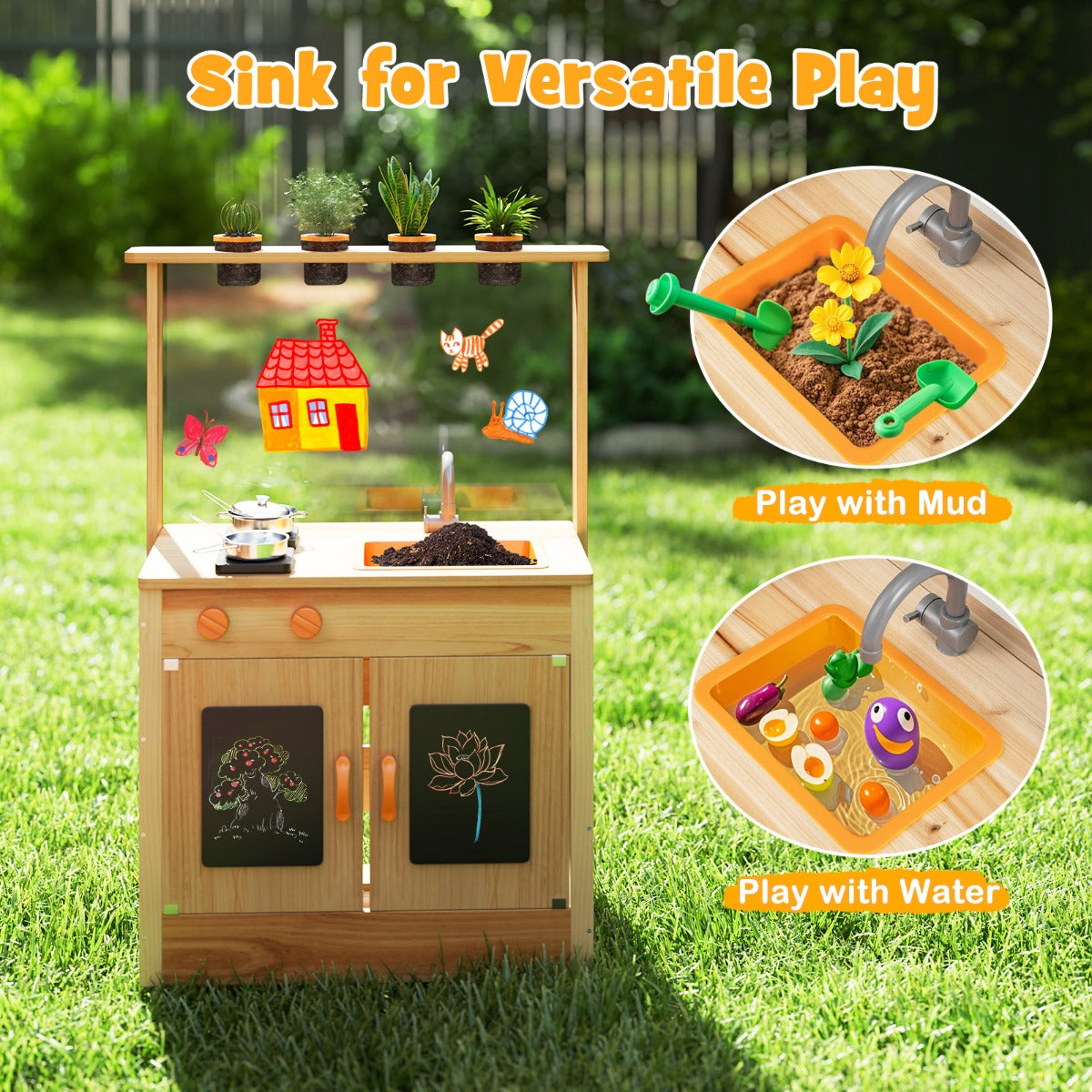 LIVSK Outdoor-Speelkeuken voor Kinderen - Gemaakt van Sparrenhout - Inclusief 4 Plantenpotten en Gootsteen - Natuur