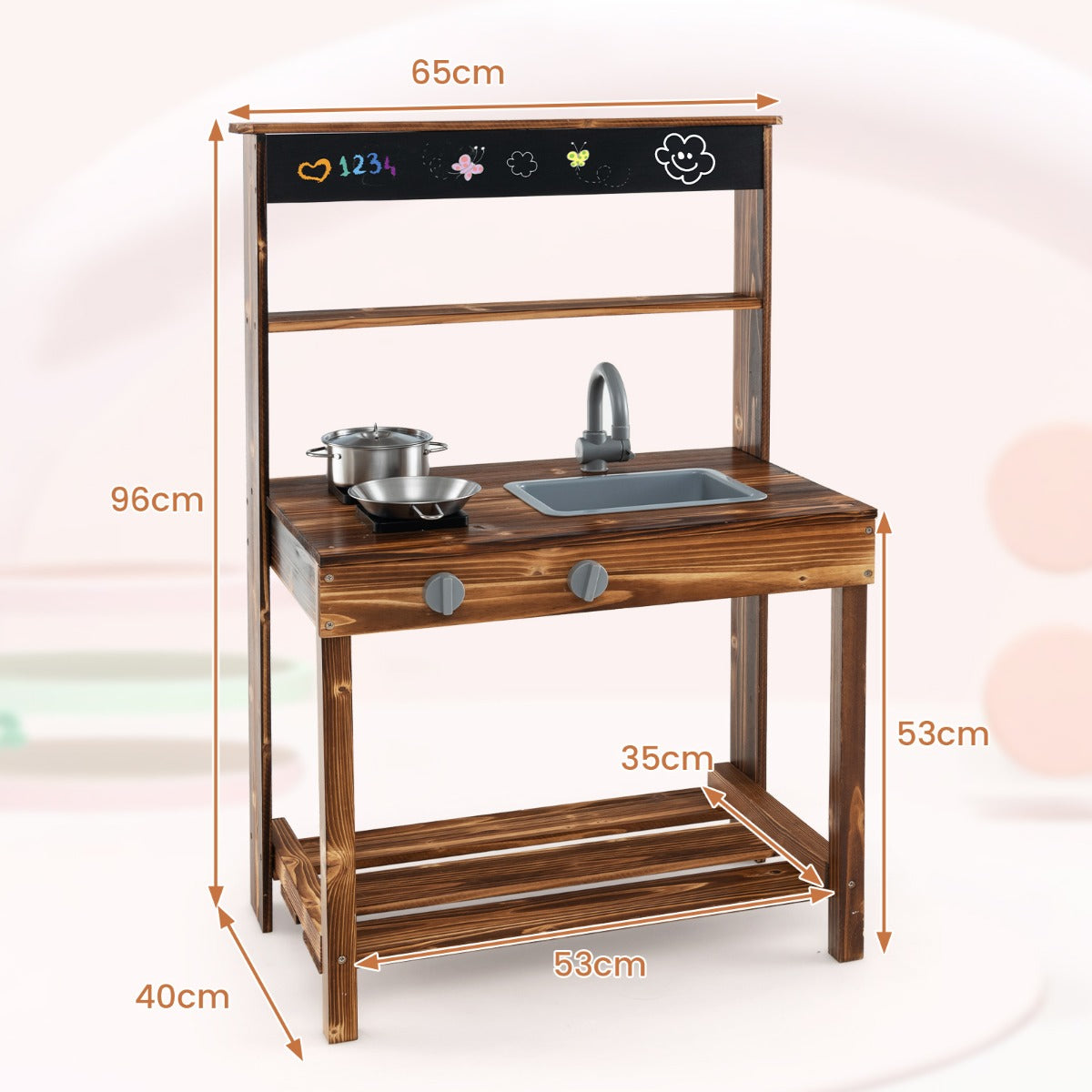 LIVSK Modderkeuken voor Kinderen - Natuurlijk Dennenhout - Interactieve Kookervaring - Ruime Opbergruimte - 65 x 40 x 96 cm -