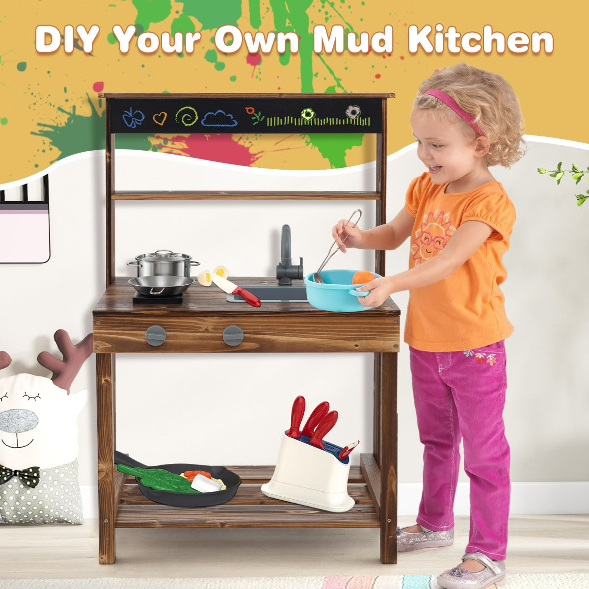 LIVSK Modderkeuken voor Kinderen - Natuurlijk Dennenhout - Interactieve Kookervaring - Ruime Opbergruimte - 65 x 40 x 96 cm -
