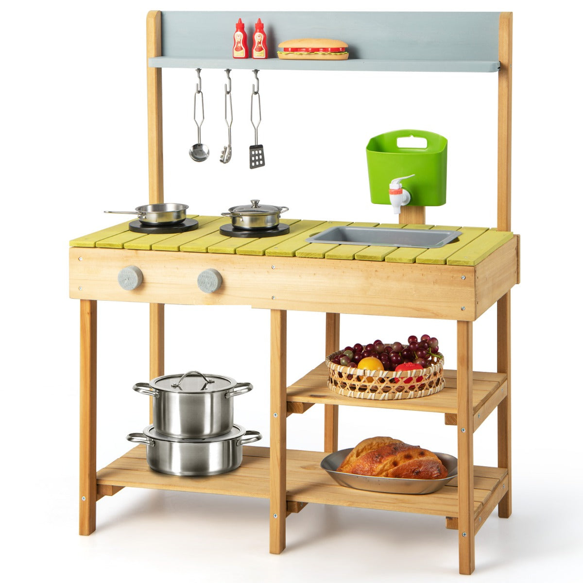 LIVSK Kinderkeuken - Massief Dennenhout met Waterfunctie - Kookplaat en Draaiknoppen - Creatief Speelplezier - Natuur + Blauw +