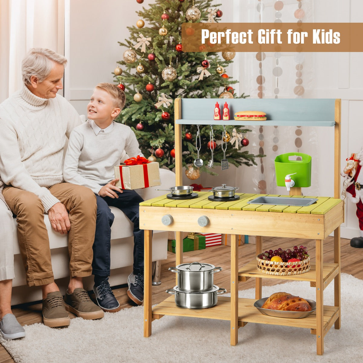 LIVSK Kinderkeuken - Massief Dennenhout met Waterfunctie - Kookplaat en Draaiknoppen - Creatief Speelplezier - Natuur + Blauw +