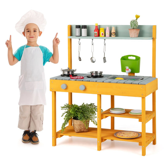 LIVSK Speelkeuken voor Kinderen - Buiten Koken met Waterfunctie - Opbergruimte met Planken en Haken - Natuurlijk Hout - 75 x 35 x