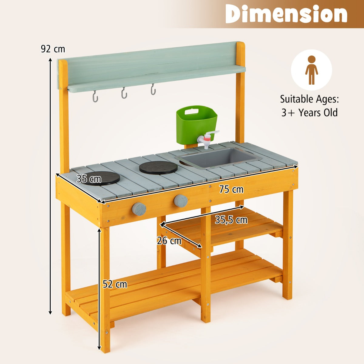 LIVSK Speelkeuken voor Kinderen - Buiten Koken met Waterfunctie - Opbergruimte met Planken en Haken - Natuurlijk Hout - 75 x 35 x