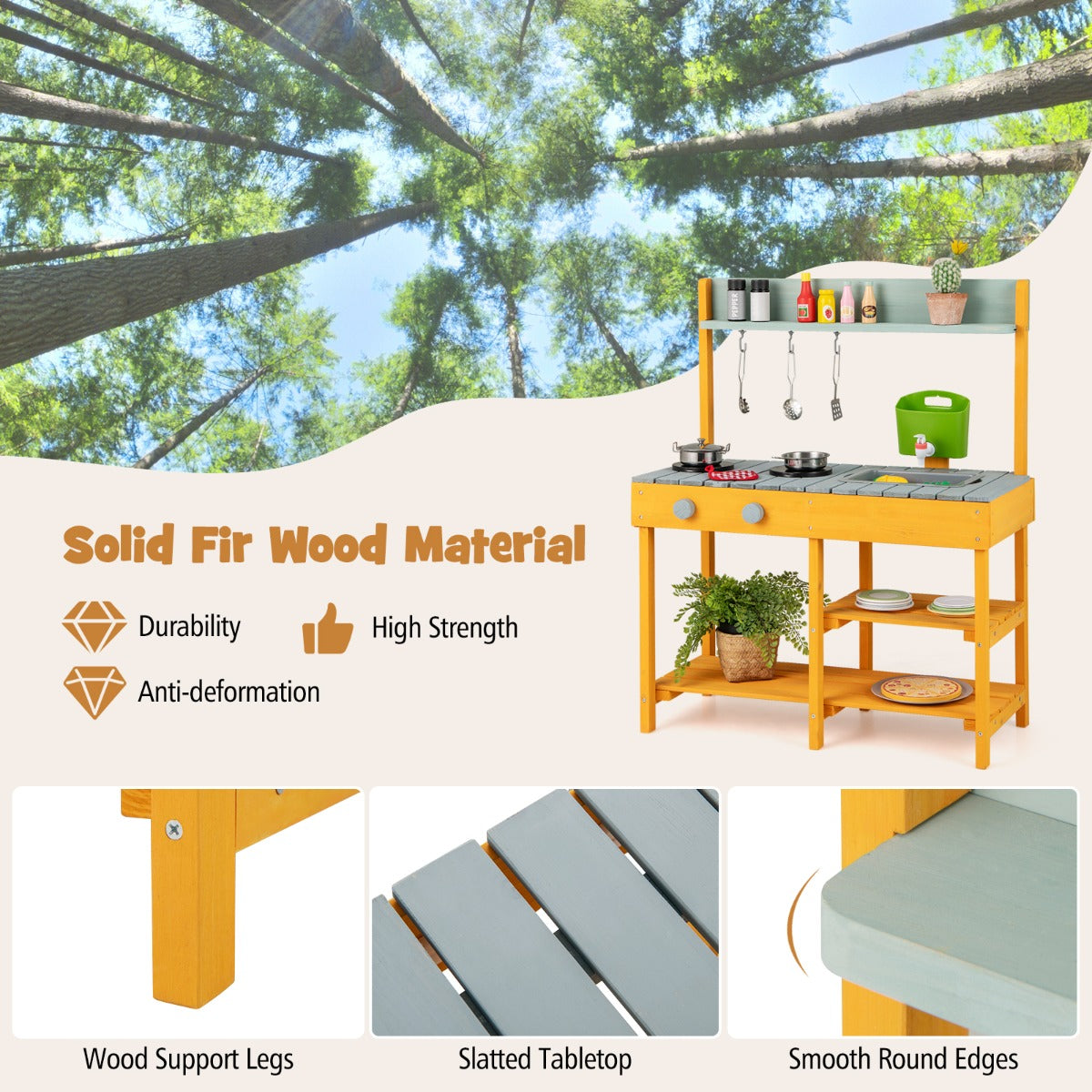 LIVSK Speelkeuken voor Kinderen - Buiten Koken met Waterfunctie - Opbergruimte met Planken en Haken - Natuurlijk Hout - 75 x 35 x