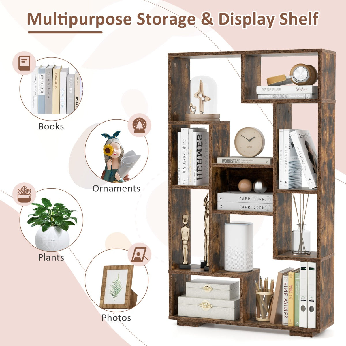 LIVSK Geometrische Boekenkast - Robuuste Constructie - 11 Open Planken - Eenvoudige Montage - Multifunctioneel - 70 x 20 x 120 cm
