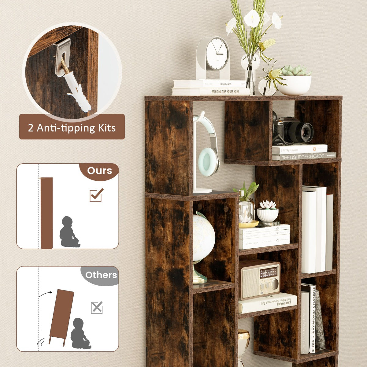 LIVSK Geometrische Boekenkast - Robuuste Constructie - 11 Open Planken - Eenvoudige Montage - Multifunctioneel - 70 x 20 x 120 cm