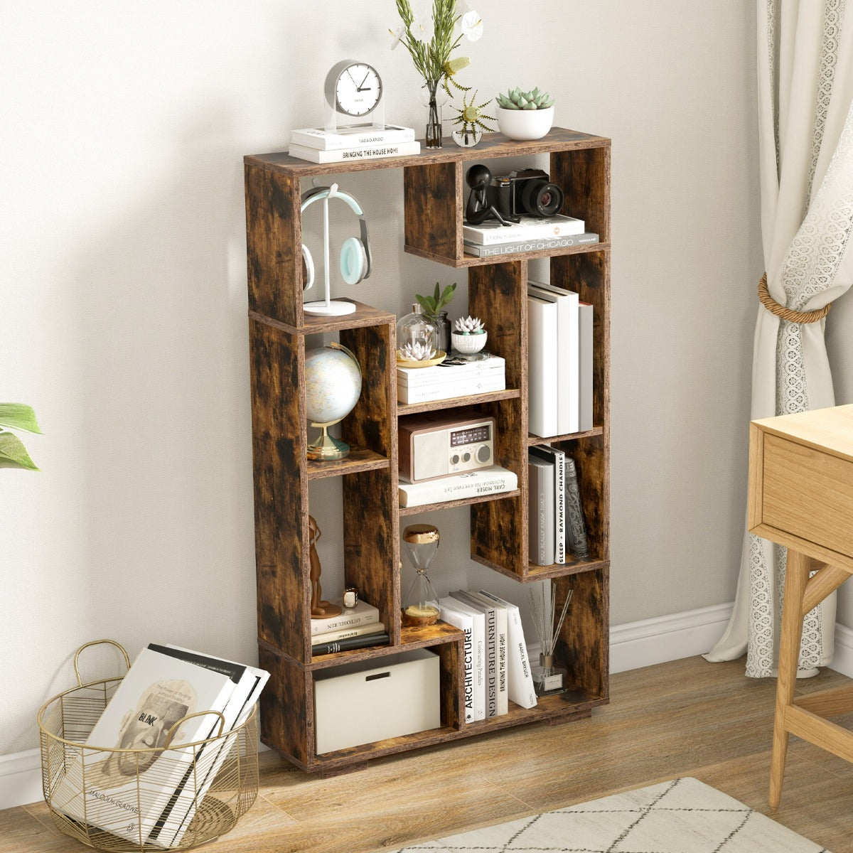 LIVSK Geometrische Boekenkast - Robuuste Constructie - 11 Open Planken - Eenvoudige Montage - Multifunctioneel - 70 x 20 x 120 cm