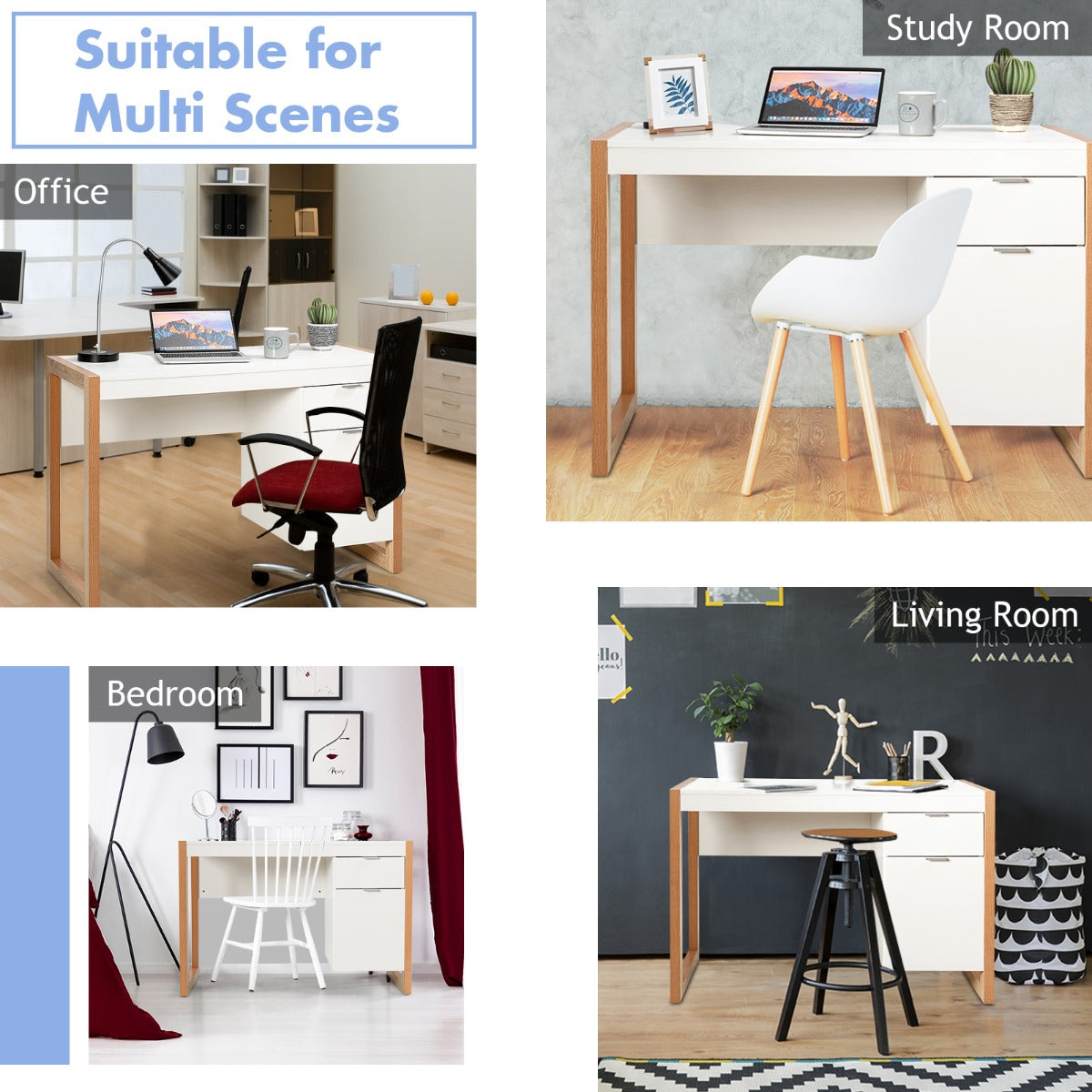 LIVSK Schrijftafel voor Thuiskantoor - Breed Tafelblad - Grote Lade en Kast - Modern Design - Eenvoudige Montage - 112,5 x 50 x