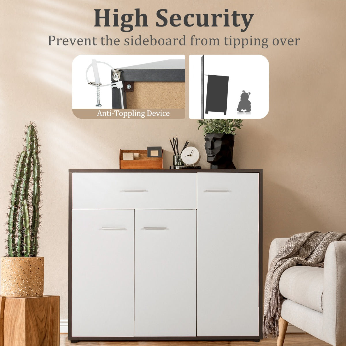 LIVSK Buffetkast met Verstelbare Plank - Ruim Blad en Lade - Kantelbeveiliging - Antislippads - 88 x 40 x 80 cm - Zwart en Wit