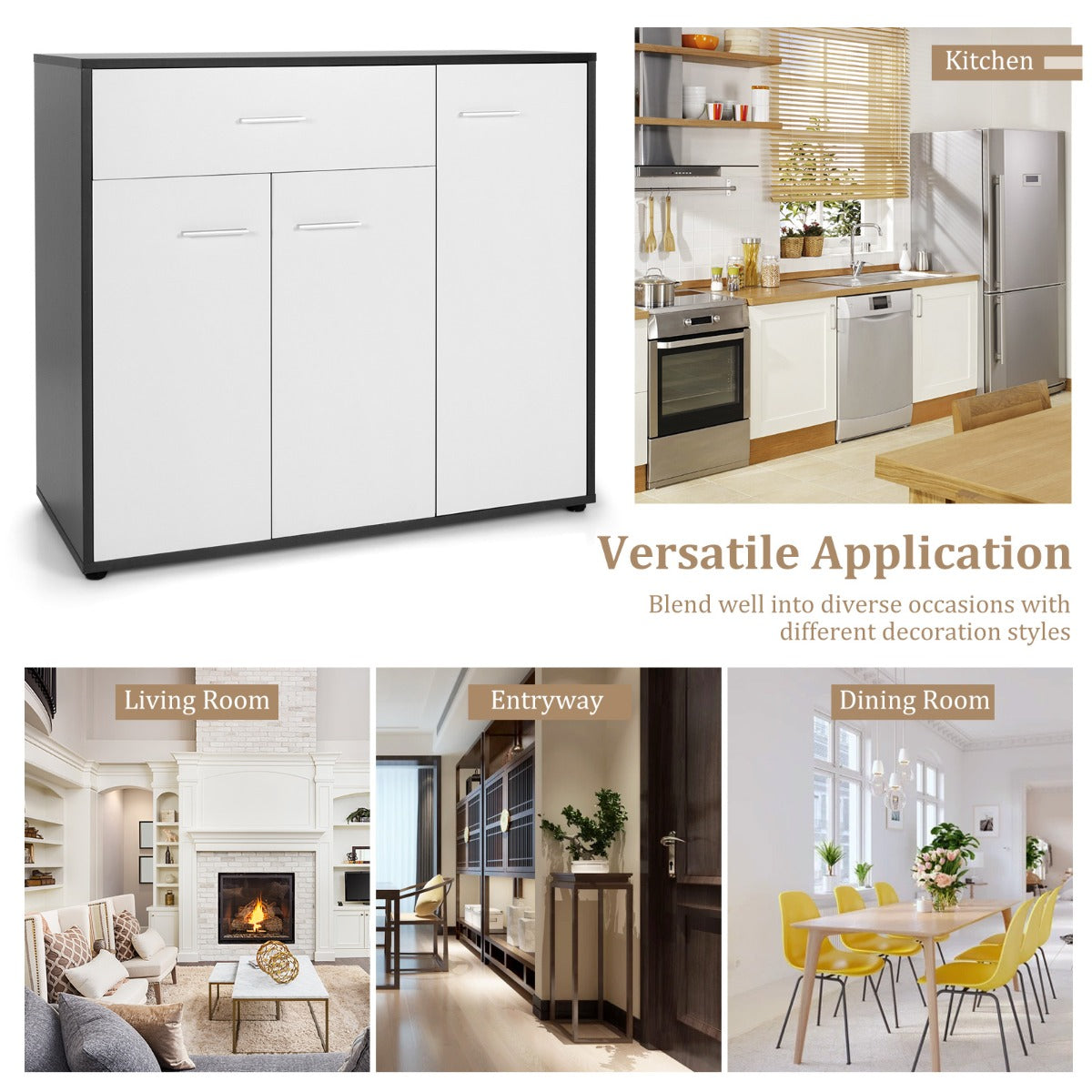 LIVSK Buffetkast met Verstelbare Plank - Ruim Blad en Lade - Kantelbeveiliging - Antislippads - 88 x 40 x 80 cm - Zwart en Wit