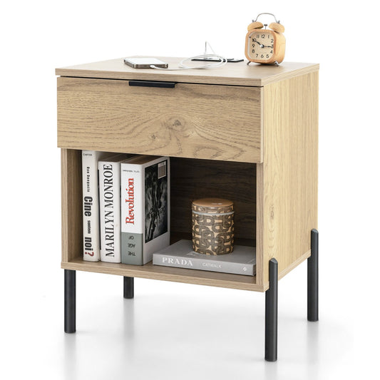 Livsk costway modern nachtkastje met laadstation bijzettafel met lade en open vak opbergtafel met houtnerf en robuuste metalen poten natuurlijk
