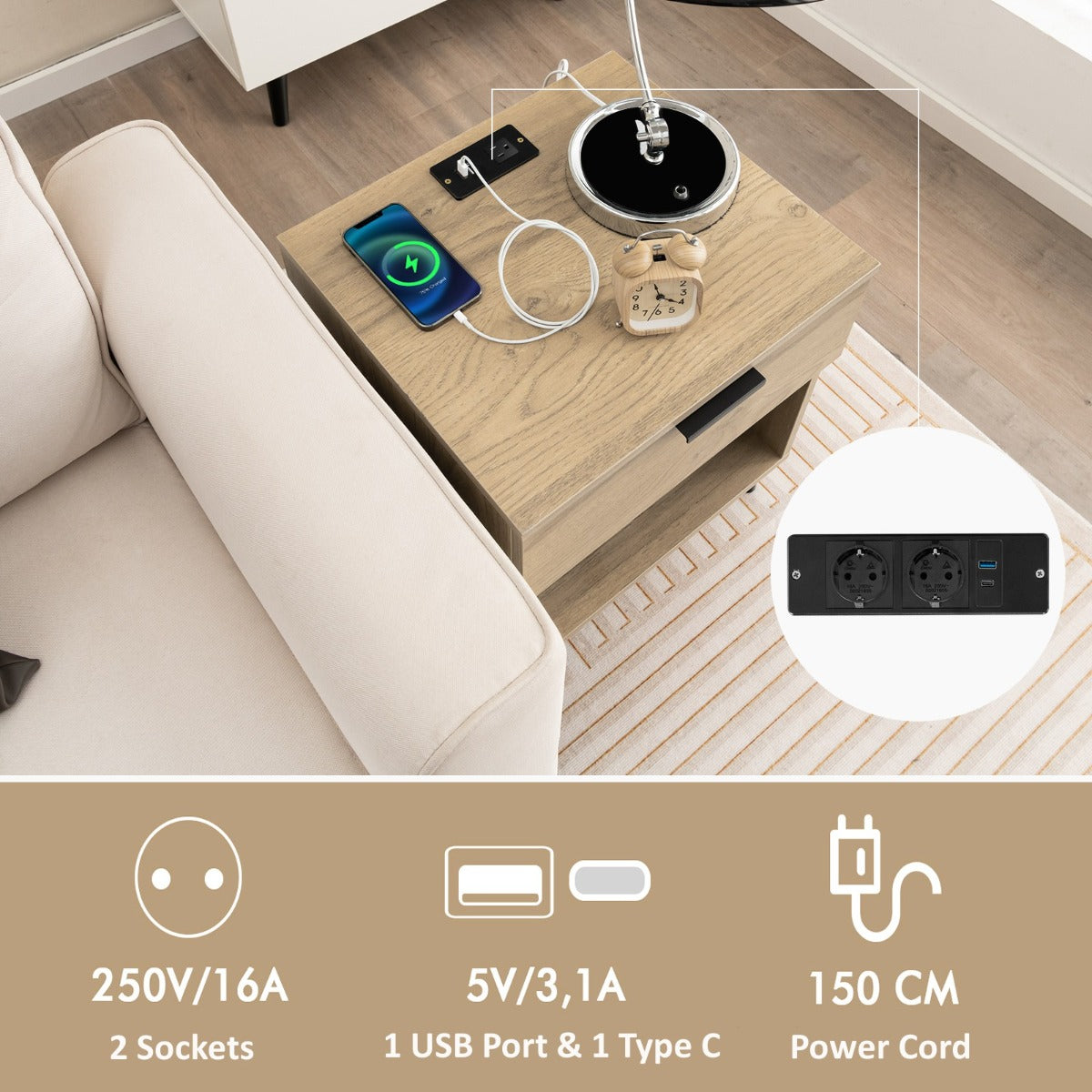 Livsk costway modern nachtkastje met laadstation bijzettafel met lade en open vak opbergtafel met houtnerf en robuuste metalen poten natuurlijk