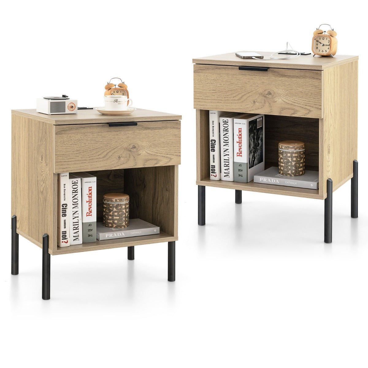 Livsk costway modern nachtkastje met laadstation bijzettafel met lade en open vak opbergtafel met houtnerf en robuuste metalen poten natuurlijk set van