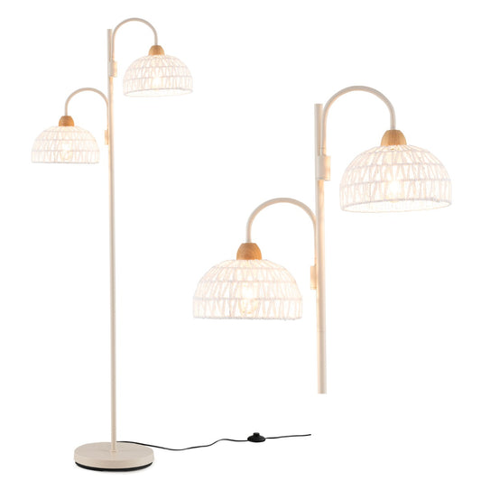 LIVSK Moderne Vloerlamp met 2 Lampen - 350° Draaibaar - Voetschakelaar - Geweven Kappen - Stabiele Voet - Wit