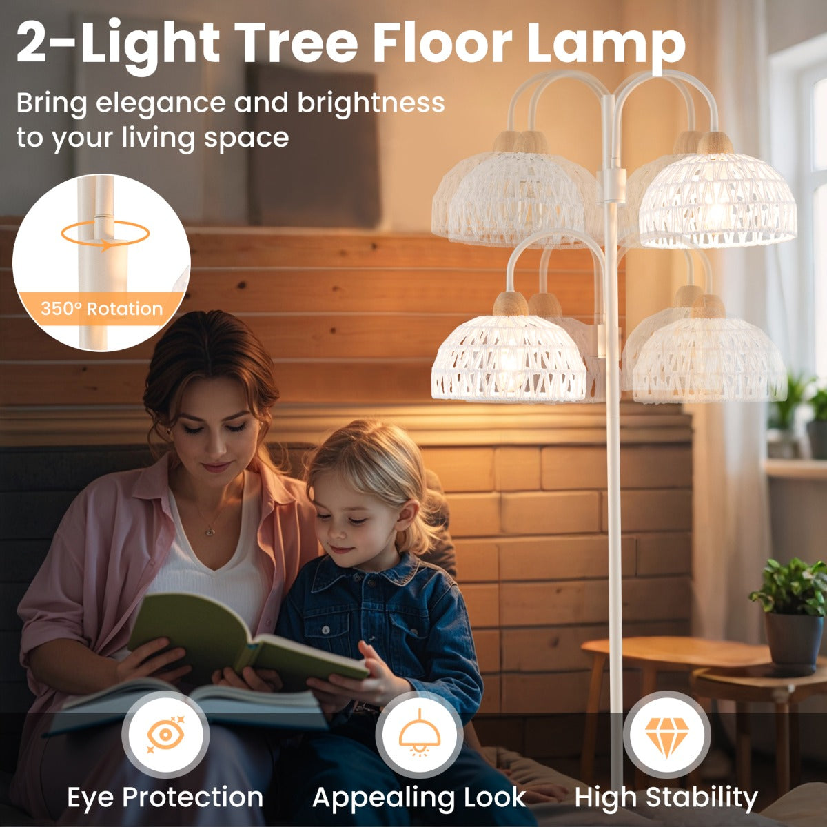 LIVSK Moderne Vloerlamp met 2 Lampen - 350° Draaibaar - Voetschakelaar - Geweven Kappen - Stabiele Voet - Wit