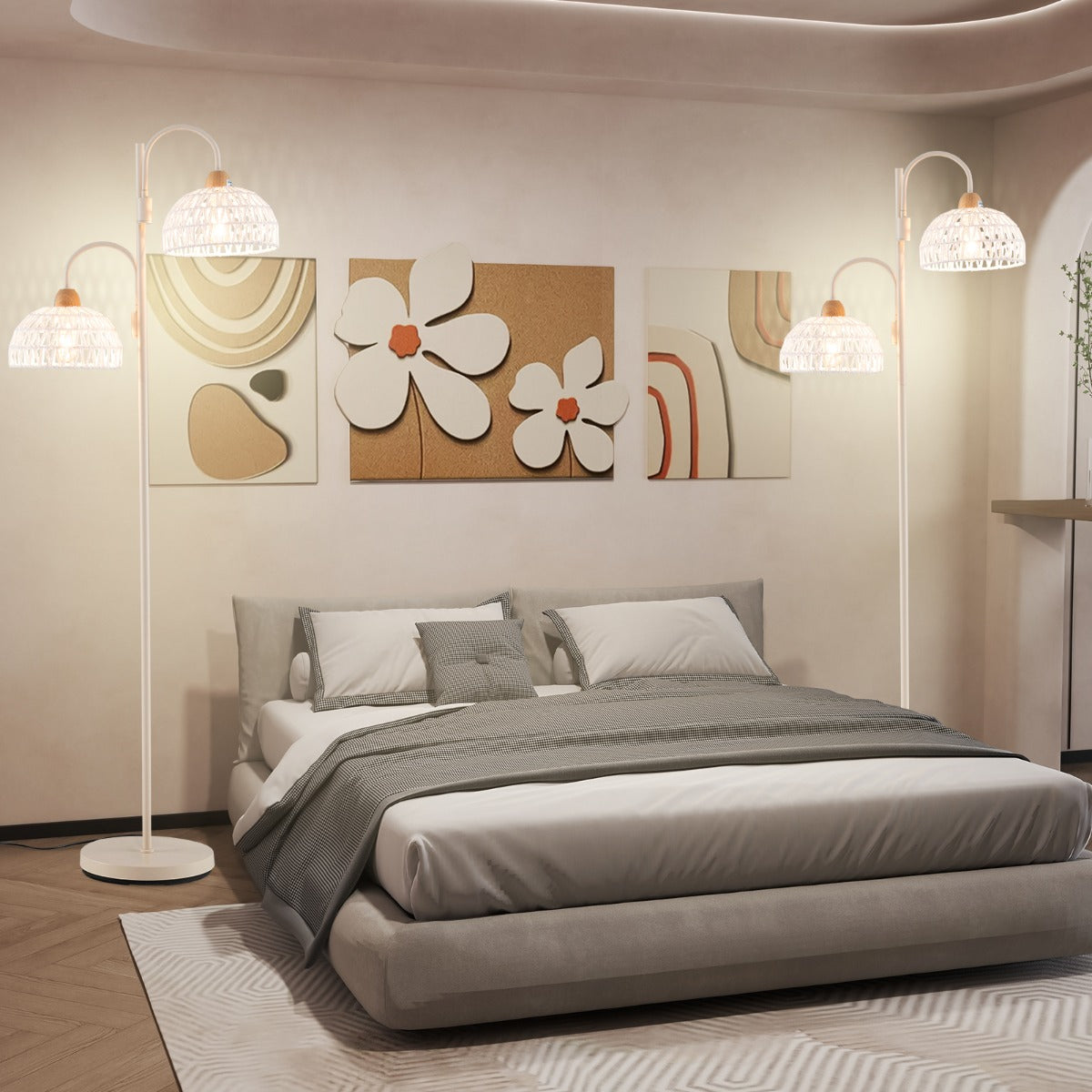 LIVSK Moderne Vloerlamp met 2 Lampen - 350° Draaibaar - Voetschakelaar - Geweven Kappen - Stabiele Voet - Wit