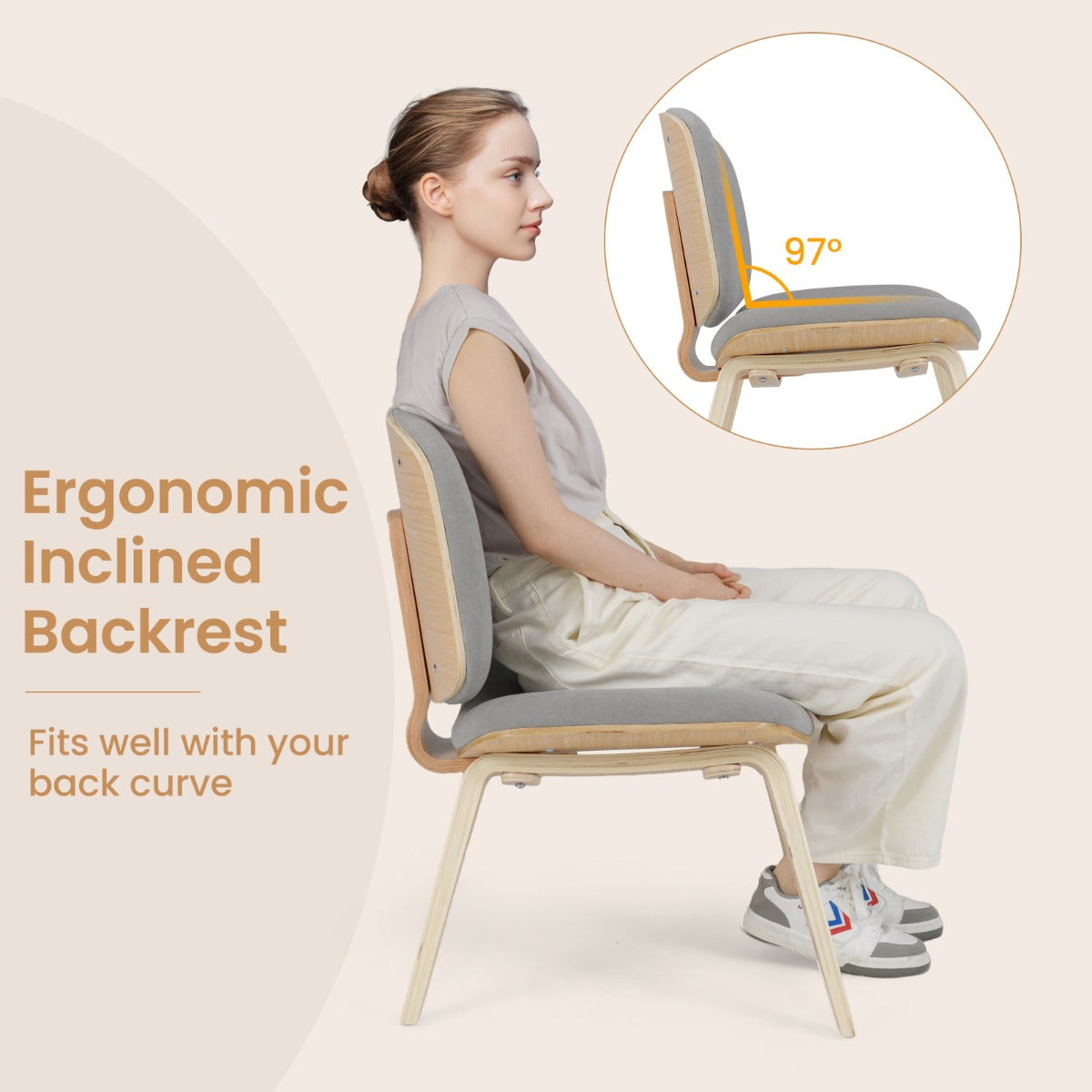 LIVSK Accentstoel - Ergonomisch Design met Gebogen Rugleuning - Ruimtebesparend - Voor Keuken en Woonkamer - Lichtgrijs + Natuur