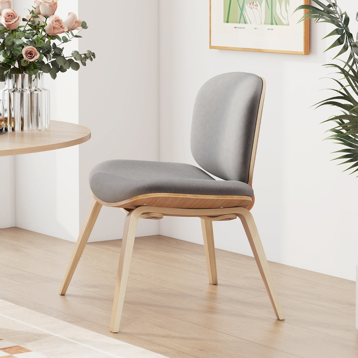 LIVSK Accentstoel - Ergonomisch Design met Gebogen Rugleuning - Ruimtebesparend - Voor Keuken en Woonkamer - Lichtgrijs + Natuur
