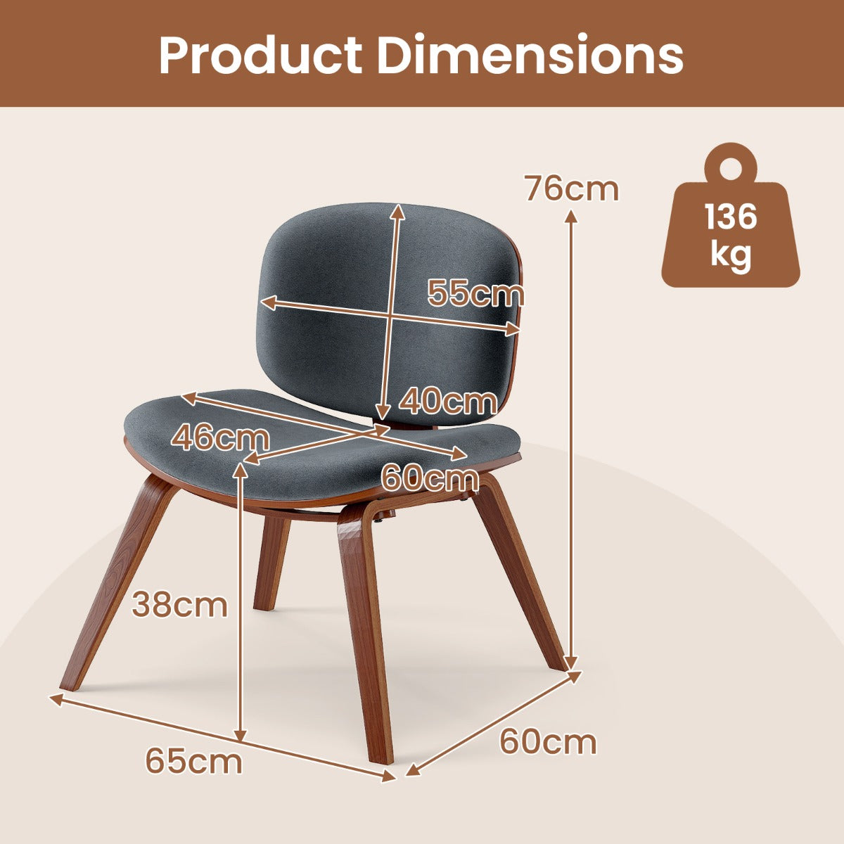 LIVSK Accentstoel - Ergonomisch met Gebogen Rugleuning - Ruimtebesparend - Voor Eetkamer en Thuiswerk - Donkergrijs + Bruin