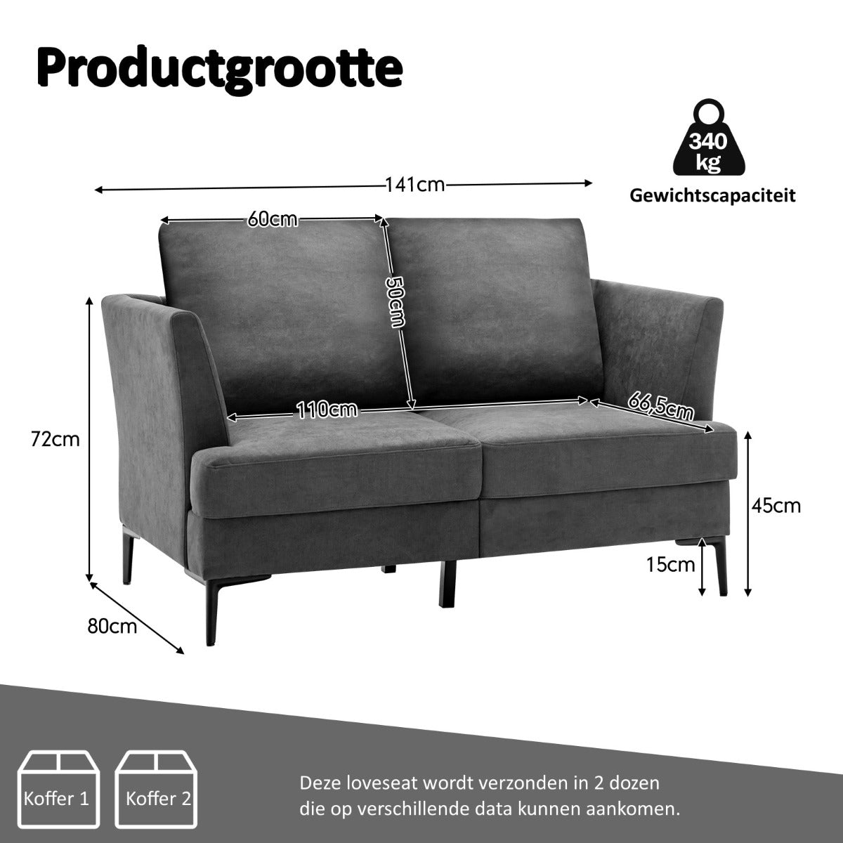 LIVSK Gestoffeerde Tweezitsbank - Ergonomisch Comfort - Slijtvast en Ademend - Robuuste Roestvrijstalen Poten - Tot 340 kg - Grijs