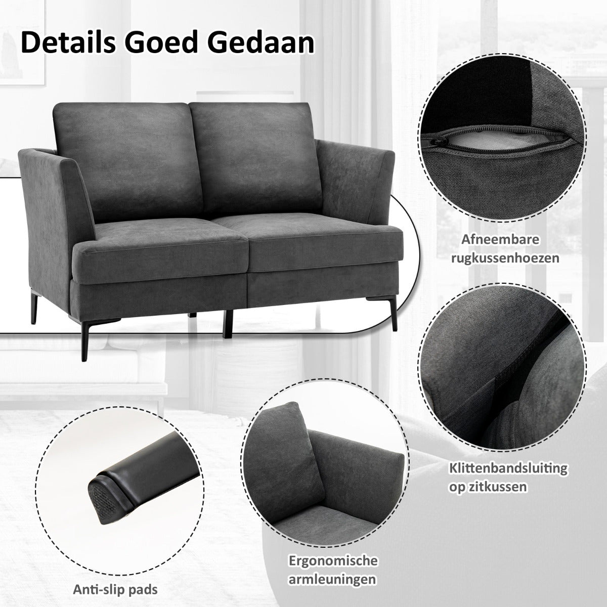 LIVSK Gestoffeerde Tweezitsbank - Ergonomisch Comfort - Slijtvast en Ademend - Robuuste Roestvrijstalen Poten - Tot 340 kg - Grijs