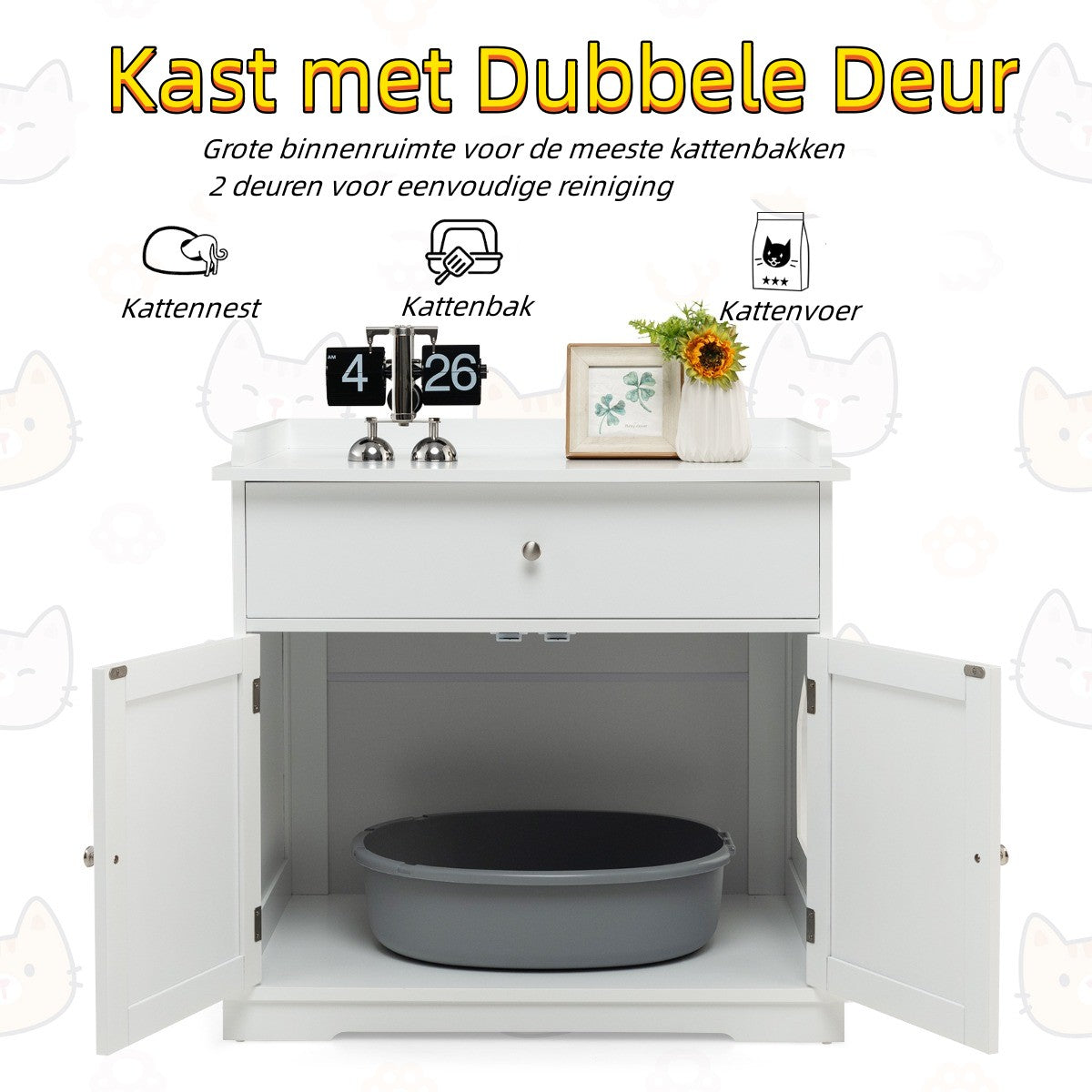LIVSK 3-in-1 Kattenbakbehuizing - Multifunctioneel Meubel - Opbergruimte met Privacy - Stevig MDF - Tot 60 kg - Wit