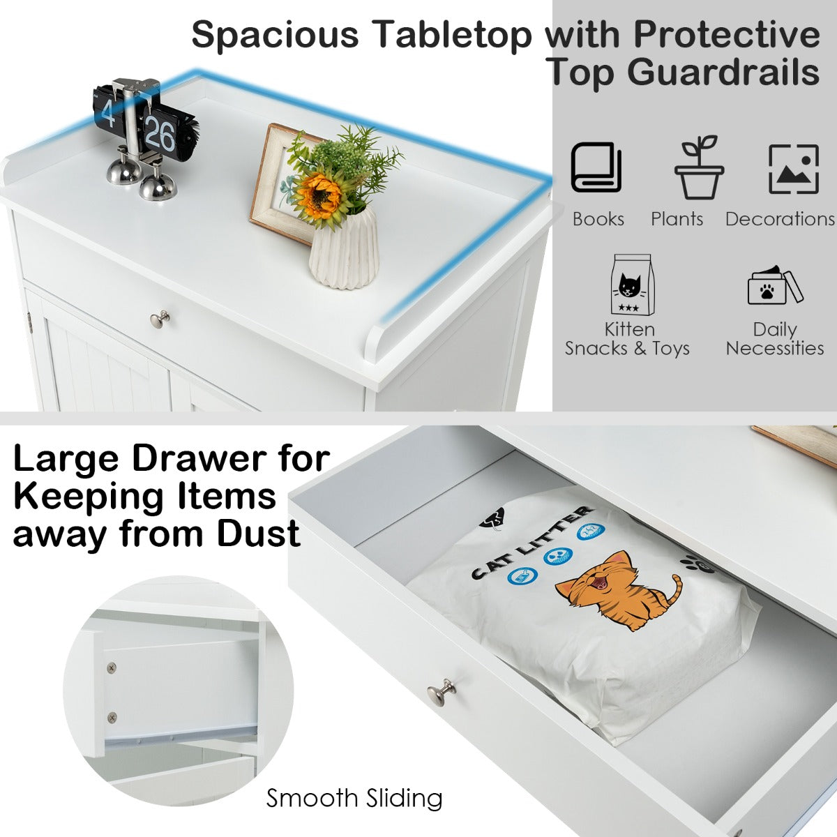 LIVSK 3-in-1 Kattenbakbehuizing - Multifunctioneel Meubel - Opbergruimte met Privacy - Stevig MDF - Tot 60 kg - Wit