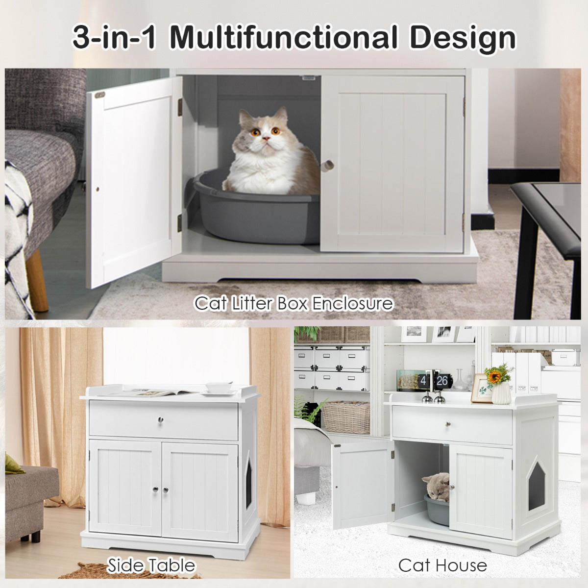 LIVSK 3-in-1 Kattenbakbehuizing - Multifunctioneel Meubel - Opbergruimte met Privacy - Stevig MDF - Tot 60 kg - Wit
