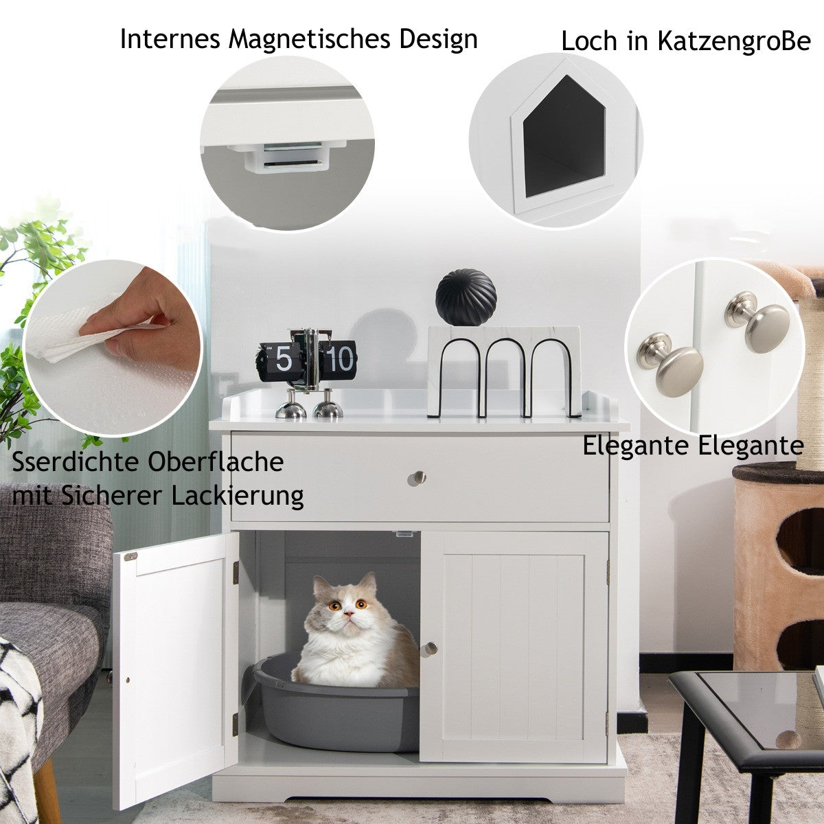 LIVSK 3-in-1 Kattenbakbehuizing - Multifunctioneel Meubel - Opbergruimte met Privacy - Stevig MDF - Tot 60 kg - Wit