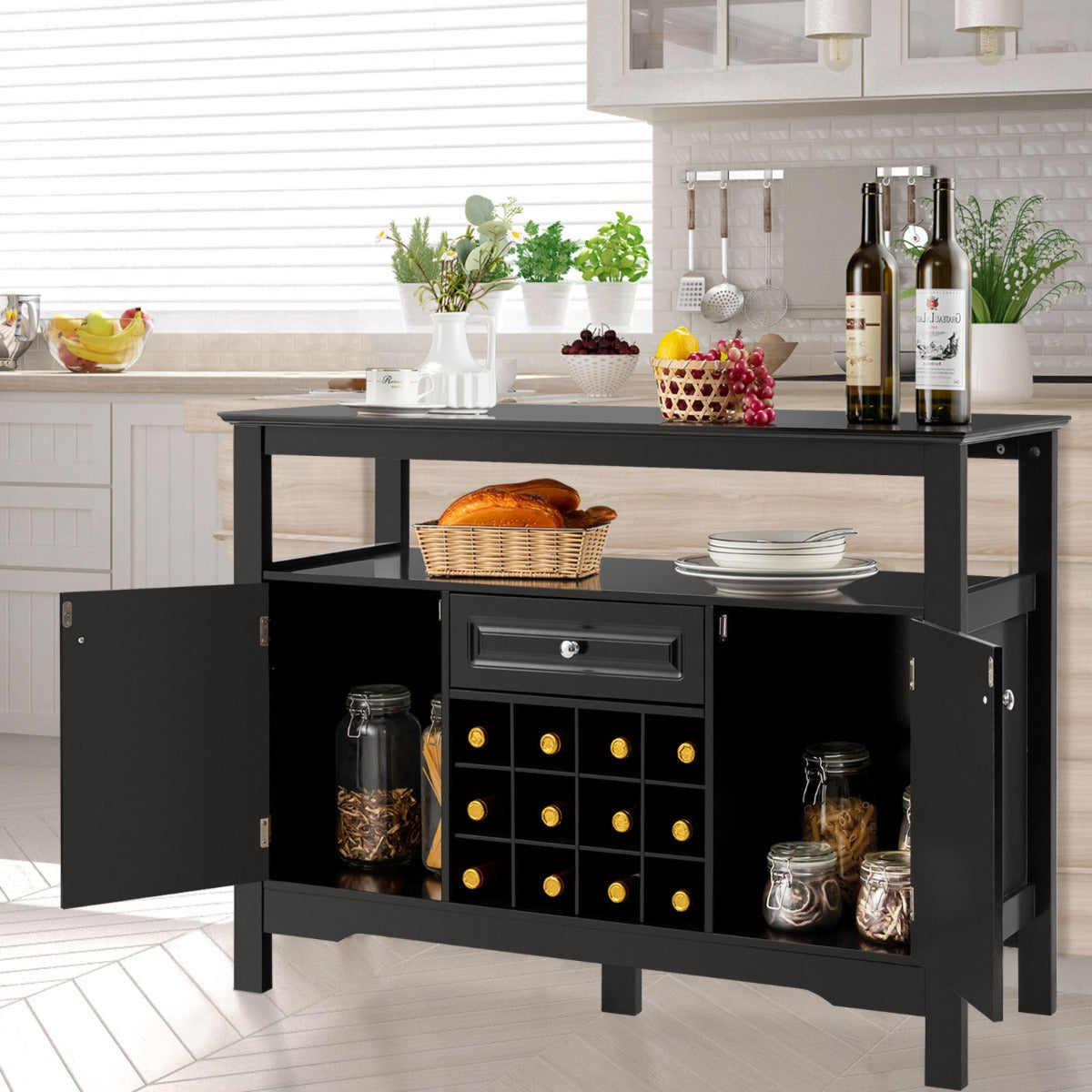 LIVSK Moderne Buffetkast - Ruime Opbergruimte met Verwijderbaar Wijnrek - Duurzaam MDF - Elegant Design - 117 x 40,5 x 82,5 cm -