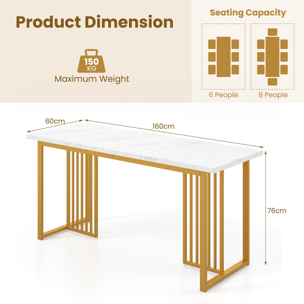 Livsk costway moderne eettafel voor 6 8 personen rechthoekige keukentafel 160 cm met imitatie marmeren blad tafel voor eetkamer woonkamer 2