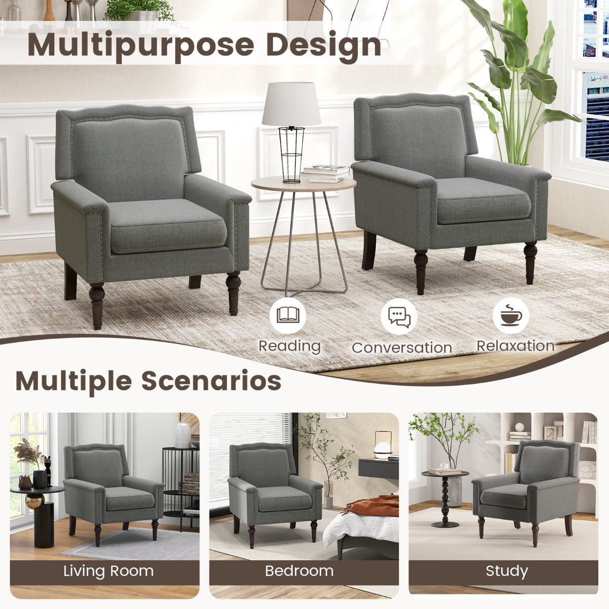 LIVSK Mid-Century Moderne Fauteuil - 15 cm Dik Zitkussen - Ademend Linnen - Stevige Rubberhouten Poten - Tot 200 kg - Grijs