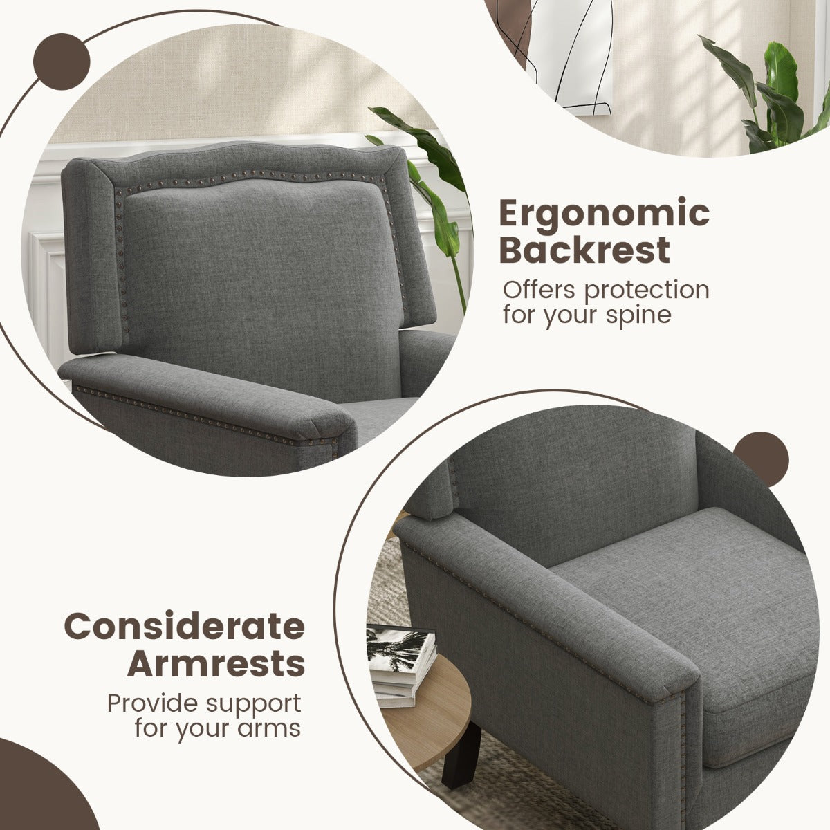 LIVSK Mid-Century Moderne Fauteuil - 15 cm Dik Zitkussen - Ademend Linnen - Stevige Rubberhouten Poten - Tot 200 kg - Grijs