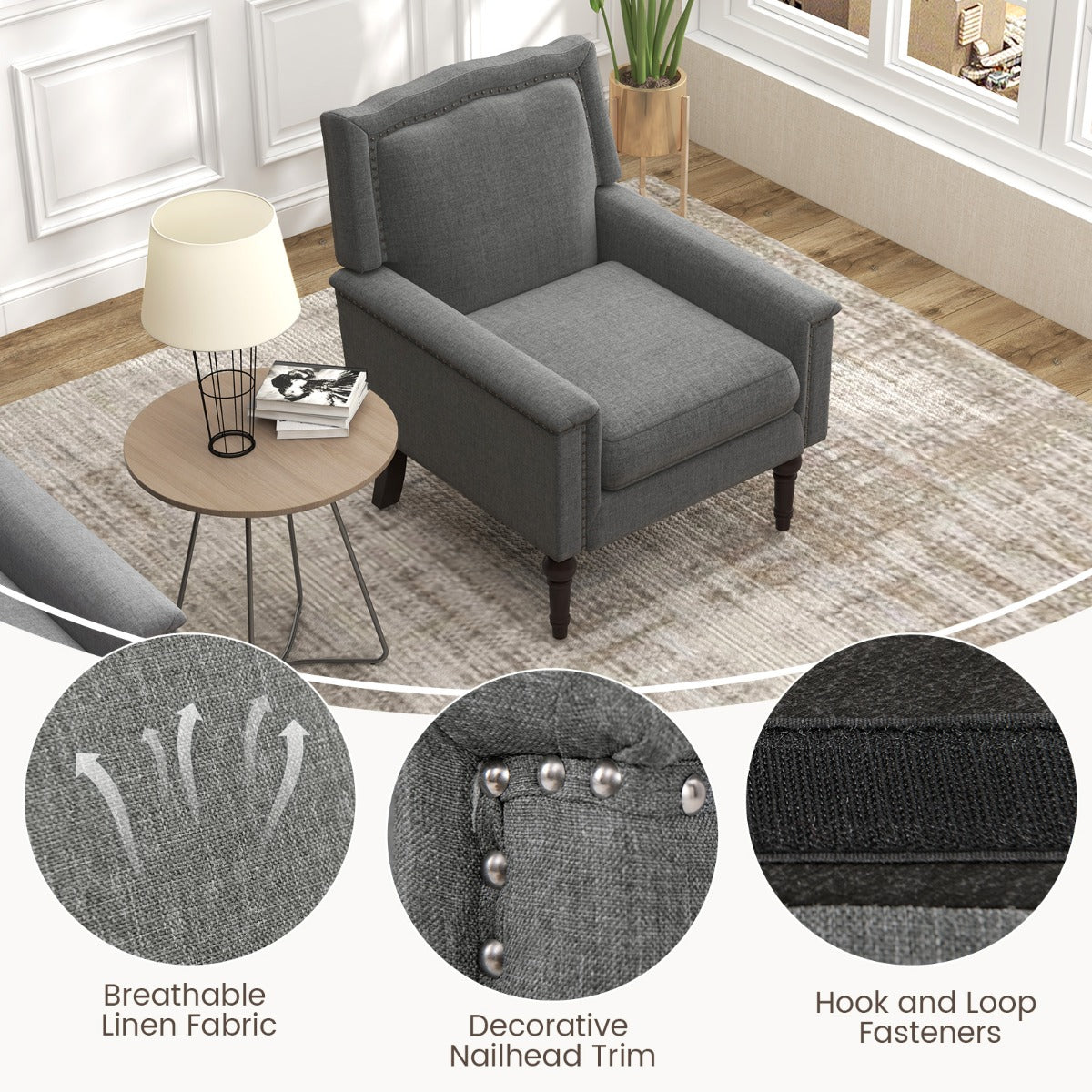 LIVSK Mid-Century Moderne Fauteuil - 15 cm Dik Zitkussen - Ademend Linnen - Stevige Rubberhouten Poten - Tot 200 kg - Grijs