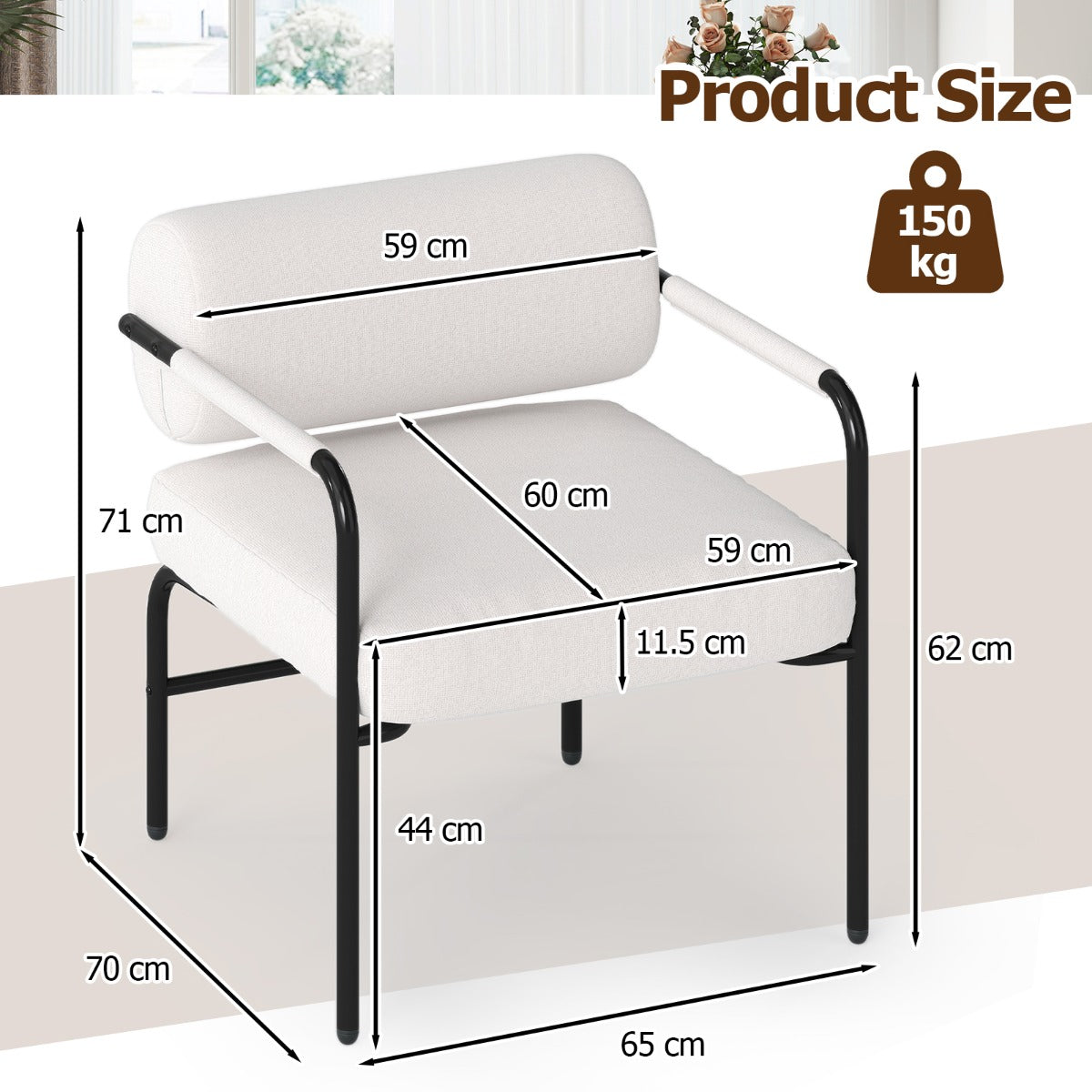 LIVSK Fauteuil voor Woonkamer - Fluwelen Bekleding - Cilindrische Rugleuning - Draagvermogen 150 kg - 70 x 65 x 73 cm - Wit