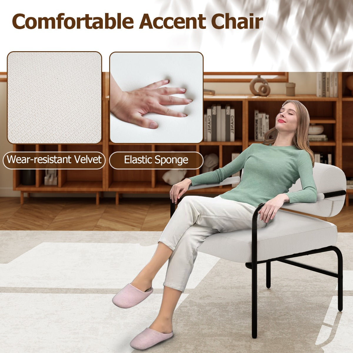 LIVSK Fauteuil voor Woonkamer - Fluwelen Bekleding - Cilindrische Rugleuning - Draagvermogen 150 kg - 70 x 65 x 73 cm - Wit