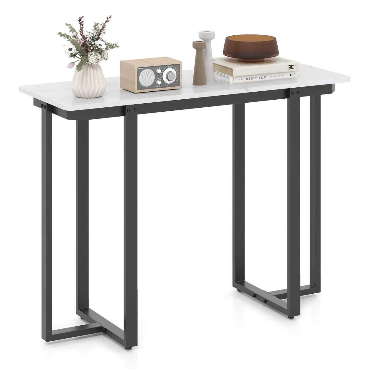 LIVSK Moderne Consoletafel - Imitatiemarmer met Geometrisch Zwart/Goud Frame - Stevige Constructie - 107 x 40 x 79,5 cm -
