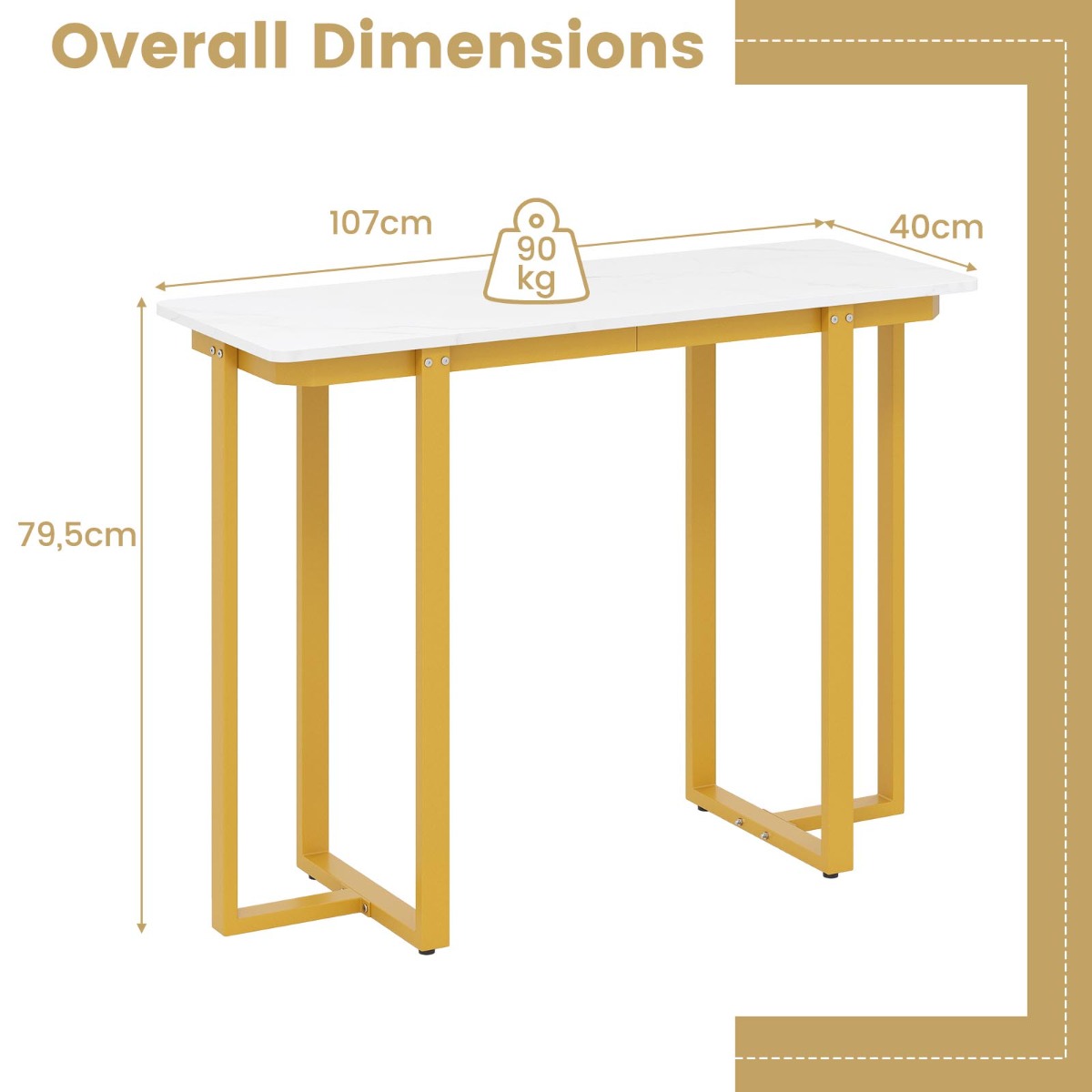 LIVSK Consoletafel - Imitatiemarmeren Blad - Geometrisch Metalen Frame - Ruime Opbergruimte - Draagvermogen 90 kg - Wit & Goud