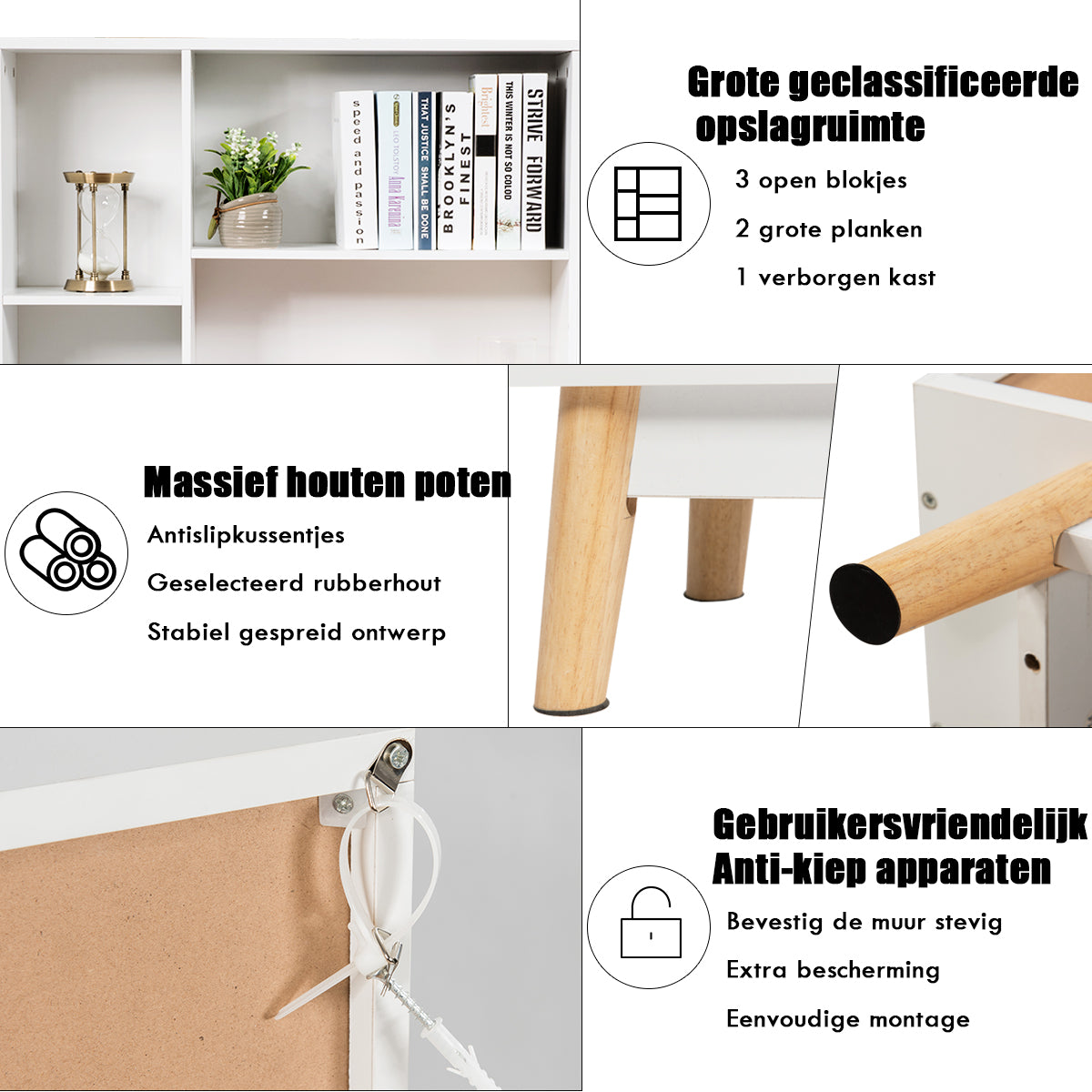 LIVSK Opbergplank met Deuren - Drie Kubusvormige Vakken - Stabiele Structuur - Eenvoudige Montage - 80 x 24 x 119 cm - Wit