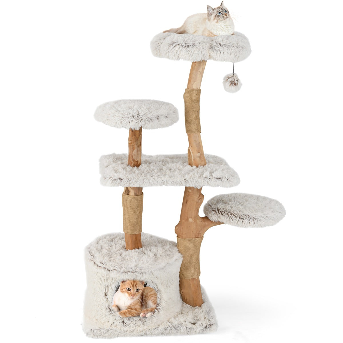 LIVSK Moderne Kattenboom - Massief Perenhout - Zachte Pluche Platforms - Jute Krabpalen - 135 cm Hoog - Wit + Natuurlijk