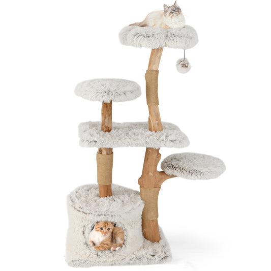 LIVSK Moderne Kattenboom - Massief Perenhout - Zachte Pluche Platforms - Jute Krabpalen - 135 cm Hoog - Wit + Natuurlijk